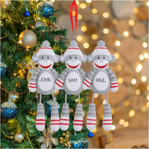 Personalized Sock Monkey Family of 3 Ornament - Custom Holiday Gift