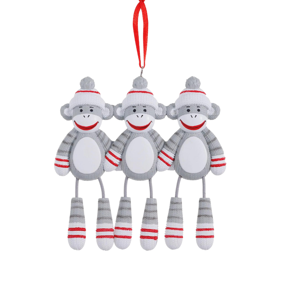 Personalized Sock Monkey Family of 3 Ornament - Custom Holiday Gift