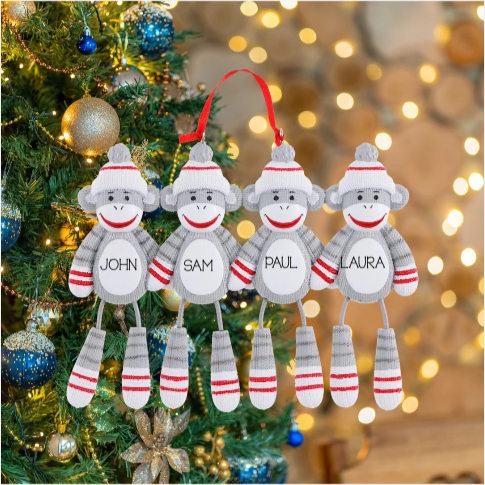 Personalized Sock Monkey Family of 4 Ornament - Custom Holiday Gift