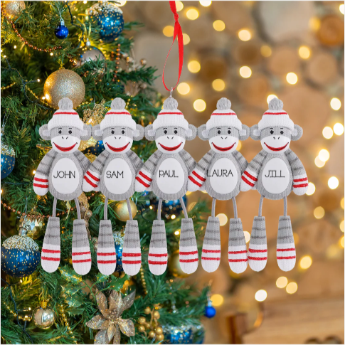 Personalized Sock Monkey Family of 5 Ornament - Custom Holiday Gift