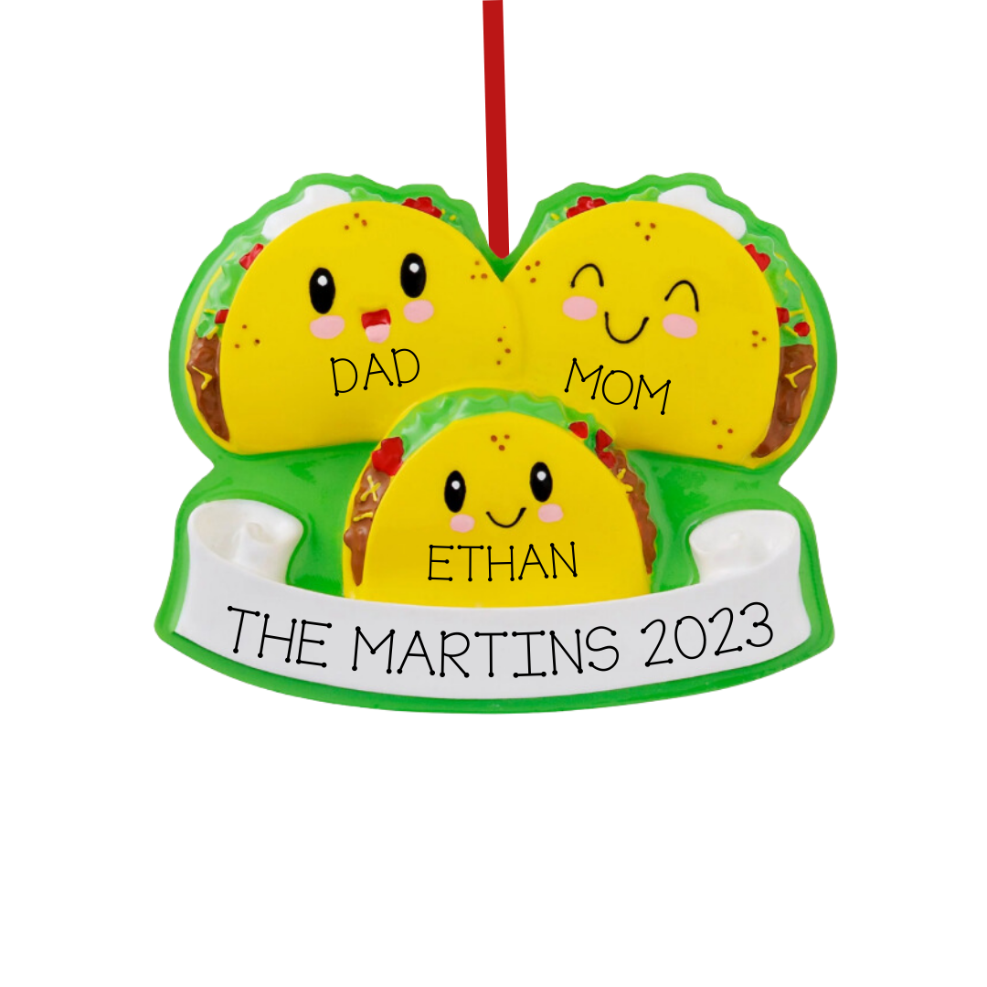 Personalized Taco Family of 3 Ornament - Custom Holiday Gift