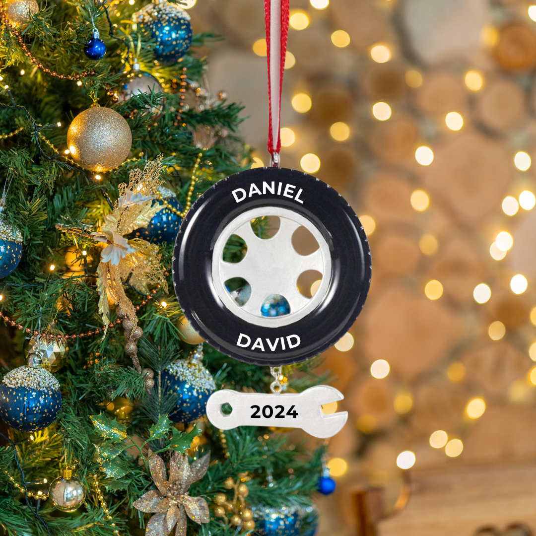 Personalized Tire And Wrench Ornament - Custom Holiday Gift