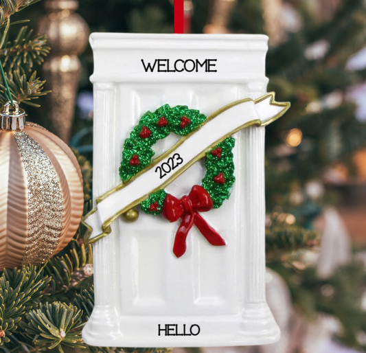 Personalized White Door with Wreath Ornament - Custom Holiday Gift