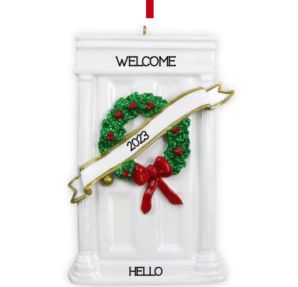 Personalized White Door with Wreath Ornament - Custom Holiday Gift