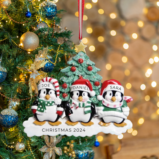 Personalized Winter Penguin Family of 3 Ornament - Custom Holiday Gift