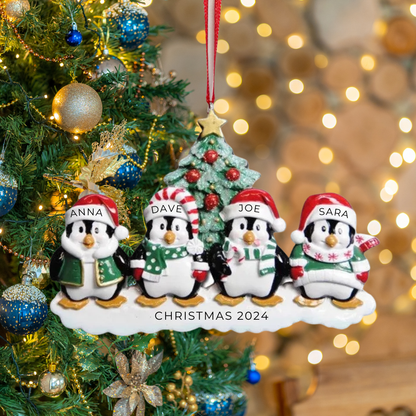 Personalized Winter Penguin Family of 4 Ornament - Custom Holiday Gift