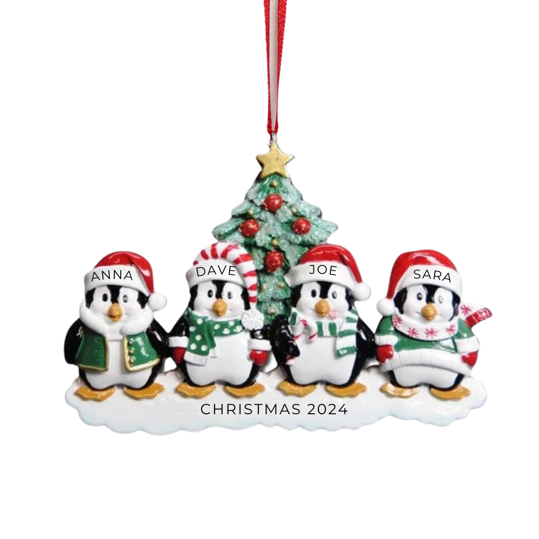 Personalized Winter Penguin Family of 4 Ornament - Custom Holiday Gift