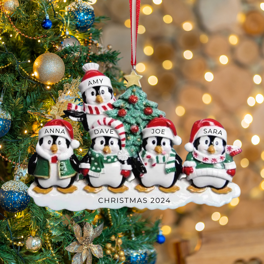 Personalized Winter Penguin Family of 5 Ornament - Custom Holiday Gift