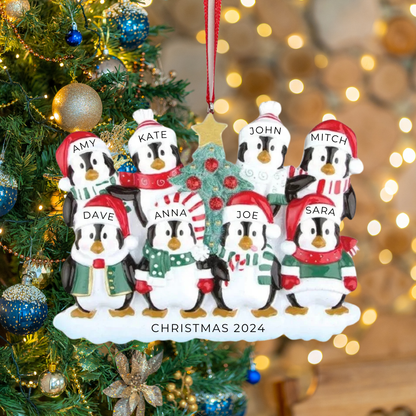 Personalized Winter Penguin Family of 8 Ornament - Custom Holiday Gift