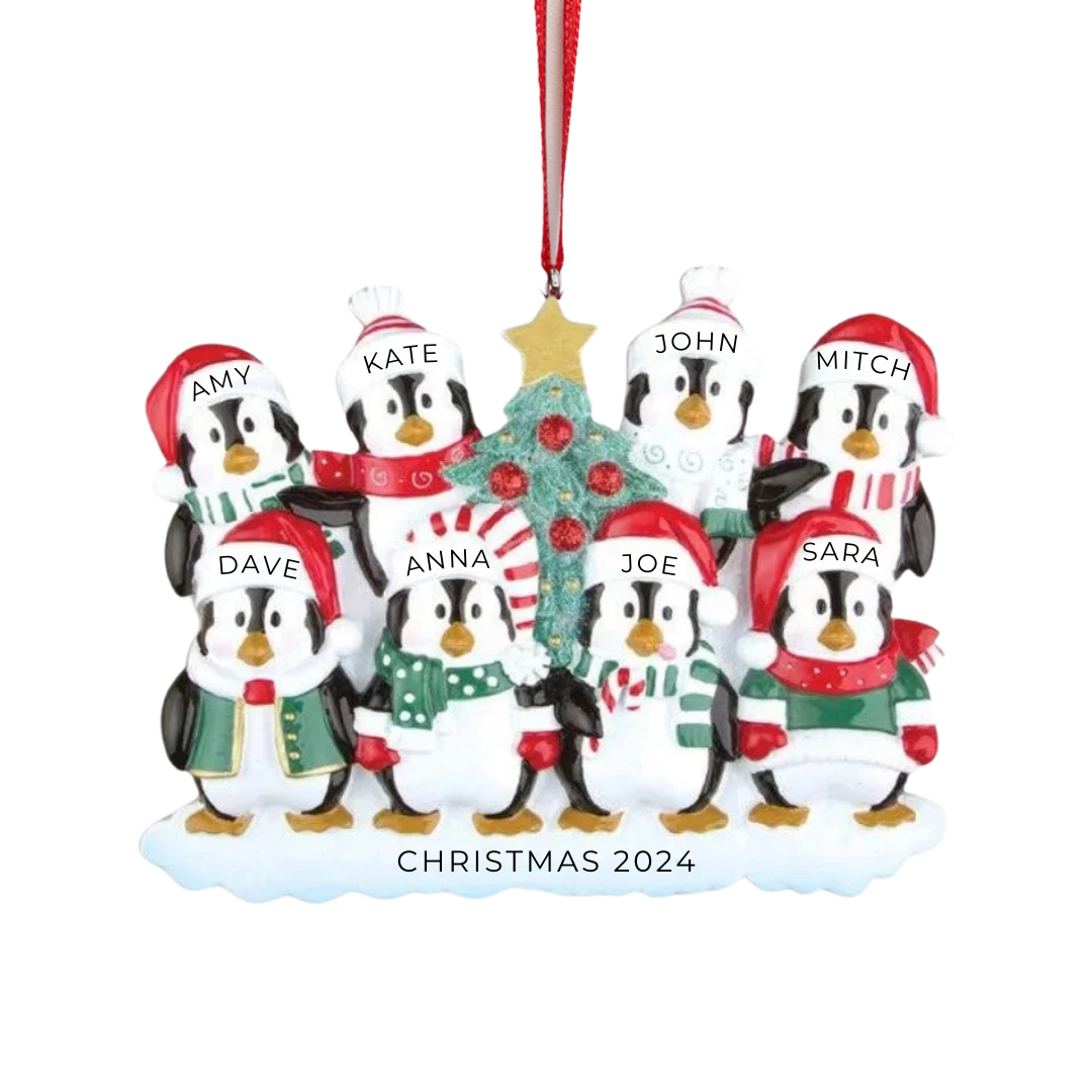 Personalized Winter Penguin Family of 8 Ornament - Custom Holiday Gift