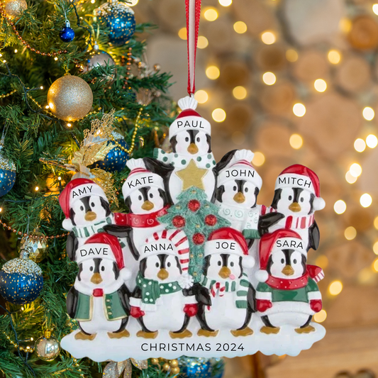 Personalized Winter Penguin Family of 9 Ornament - Custom Holiday Gift