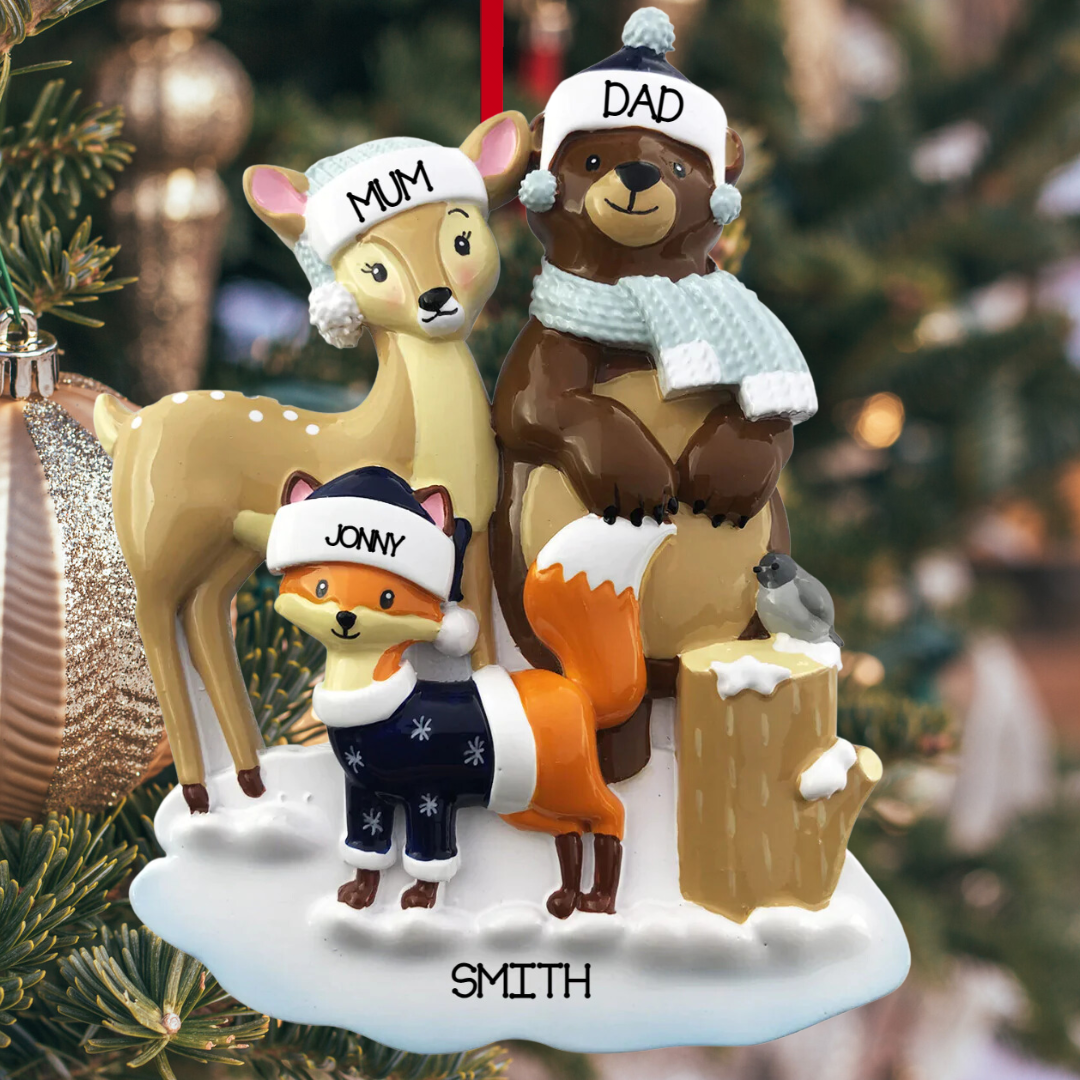 Personalized Woodland Family of 3 Ornament - Custom Holiday Gift