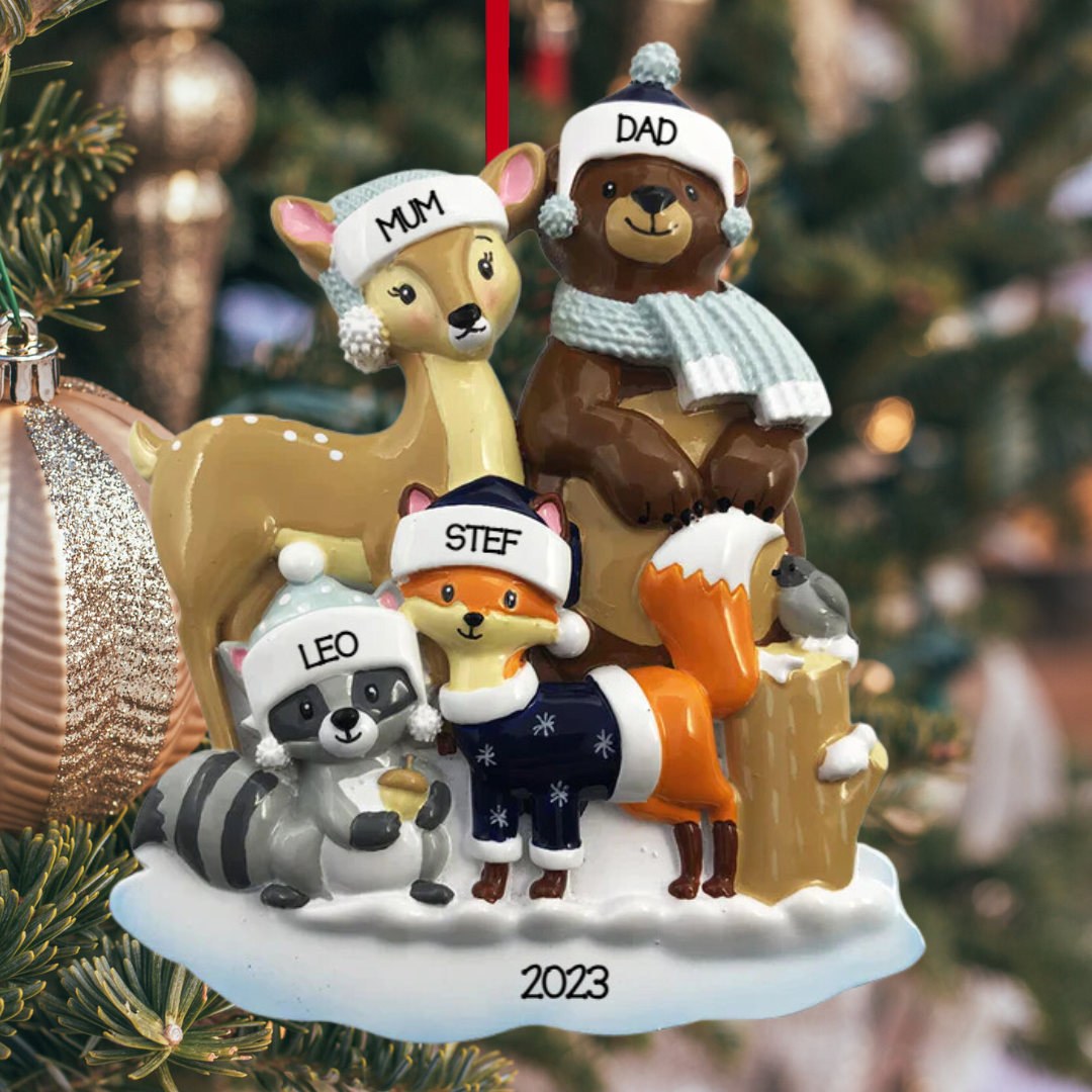 Personalized Woodland Family of 4 Ornament - Custom Holiday Gift