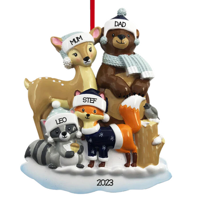 Personalized Woodland Family of 4 Ornament - Custom Holiday Gift