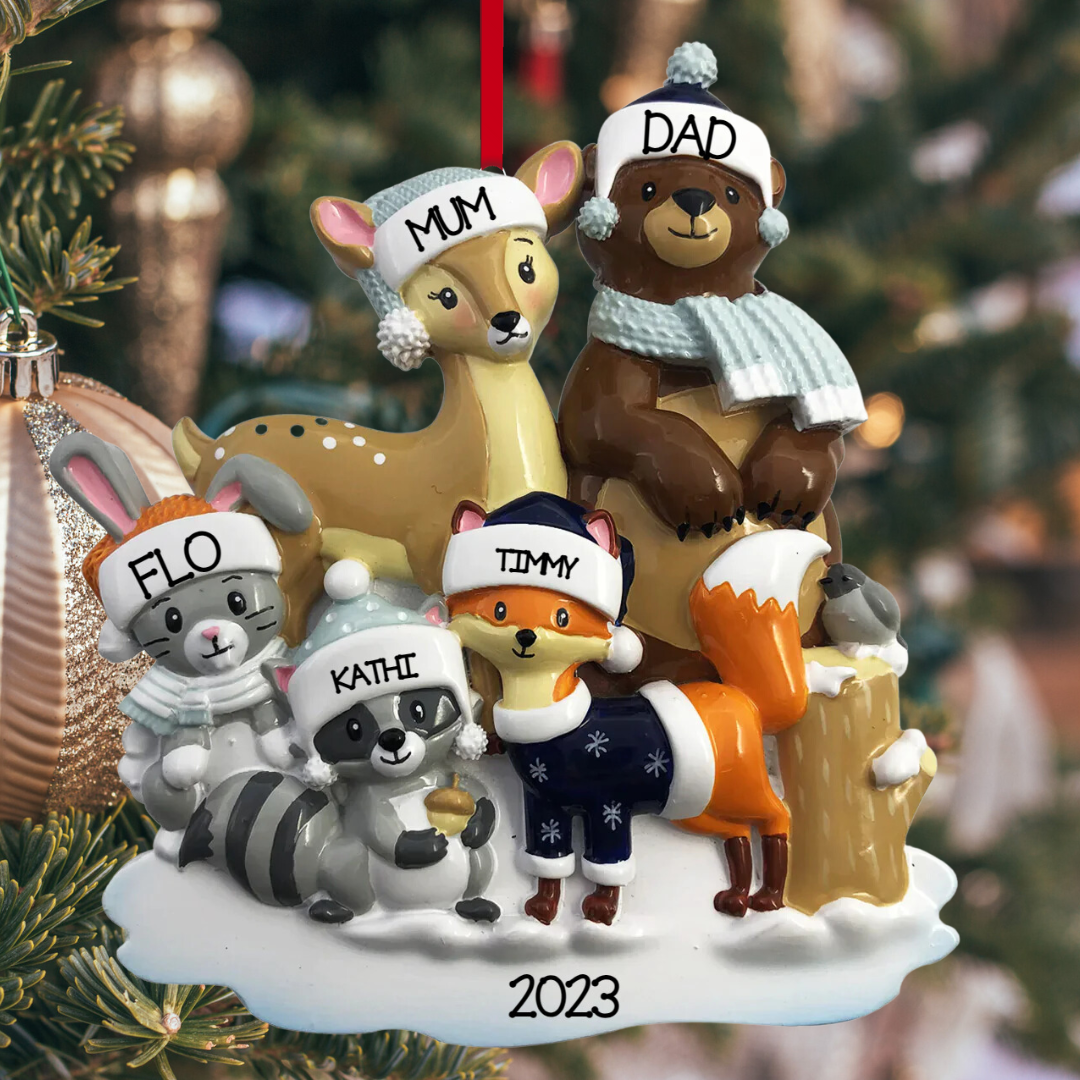 Personalized Woodland Family of 5 Ornament - Custom Holiday Gift