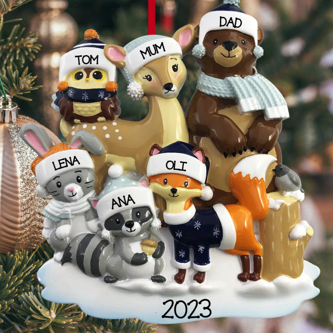 Personalized Woodland Family of 6 Ornament - Custom Holiday Gift