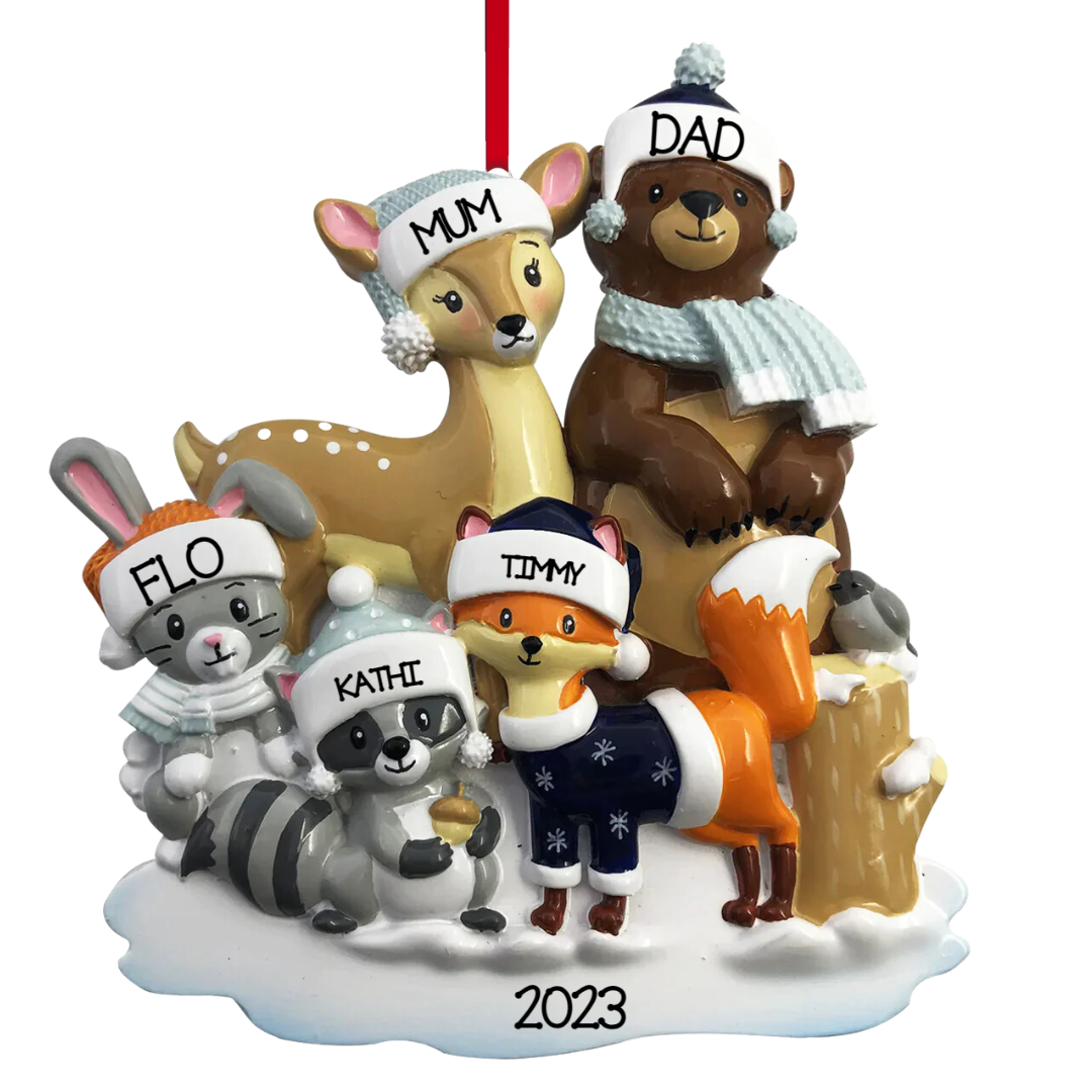 Personalized Woodland Family of 5 Ornament - Custom Holiday Gift