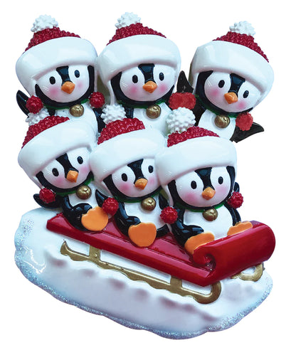 Penguin Family of 6 on Sleigh Ornament